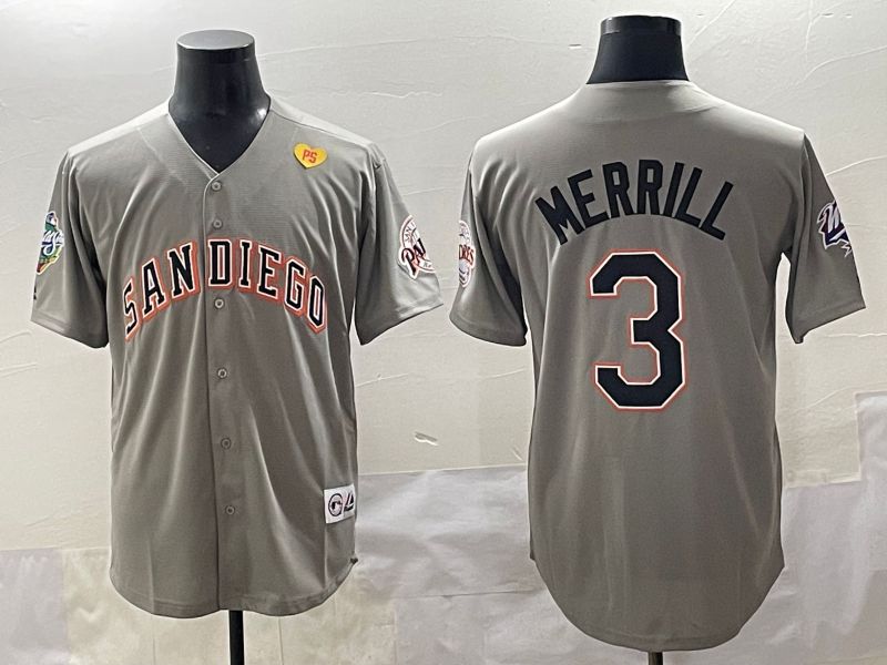 Men 2025 San Diego Padres #3 Merrill Grey Throwback Game Nike MLB Jersey style 4